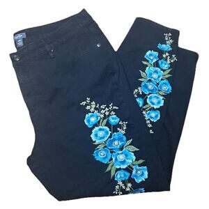 Martha Stewart Embroidered 5-Pocket Ankle Jeans Black Blue Poppy 20W Artsy Boho